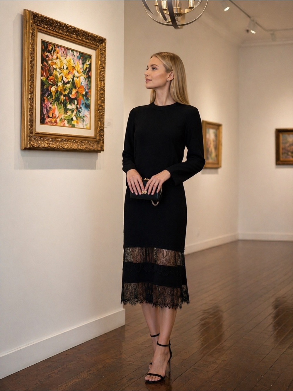 Chic Black Lace Trim Long Sleeve Knit Dress